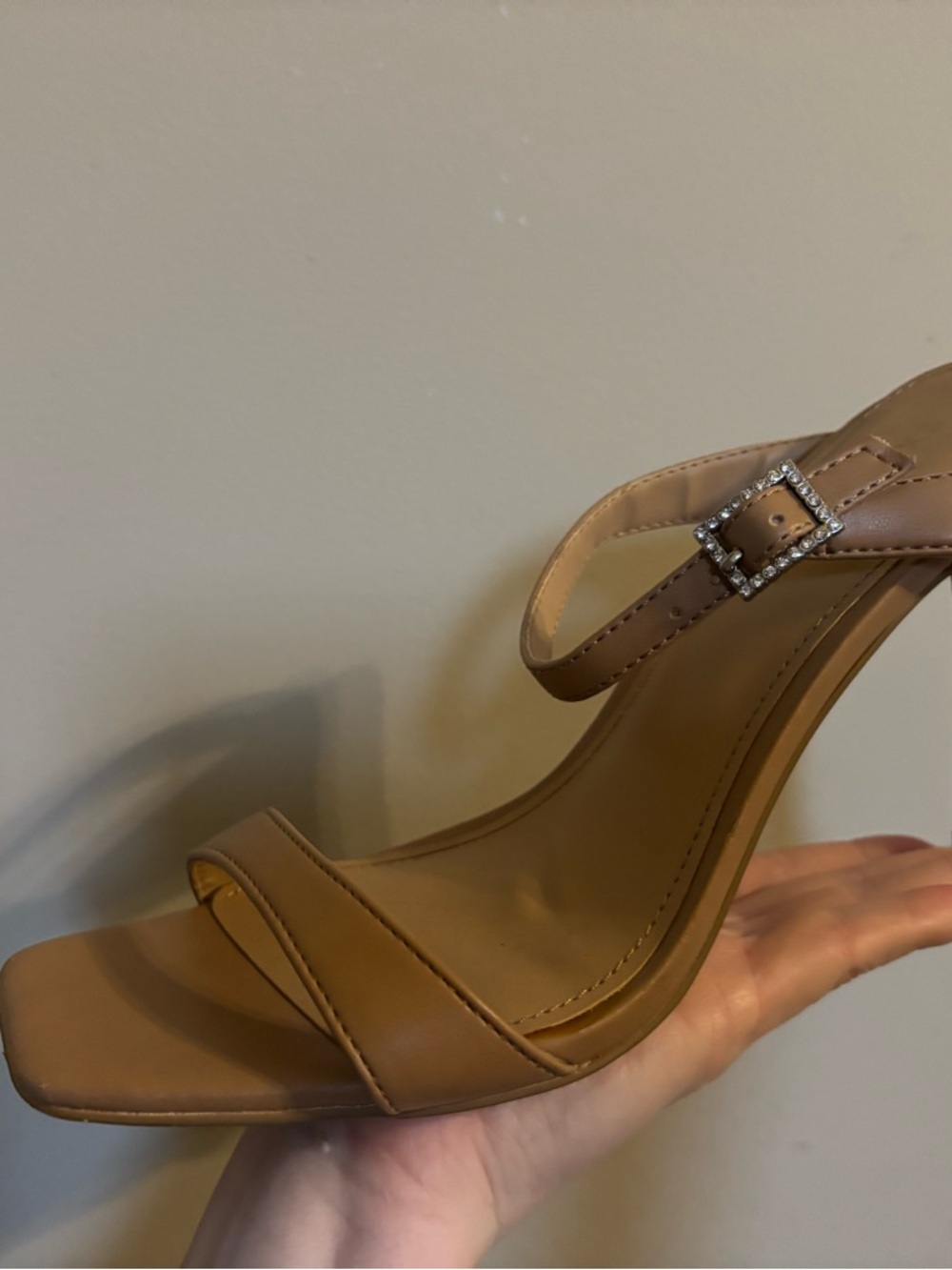 Express Tan Strappy Heeled Sandal with Rhinestone Buckle